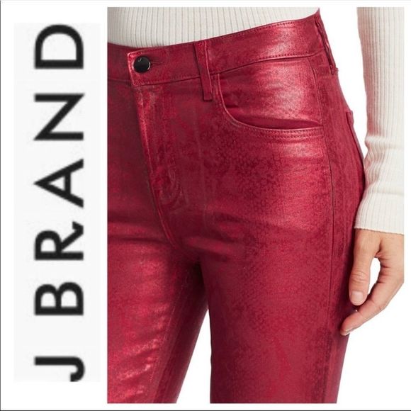 J. Brand Red Snakeskin Python Glossy Coated Pants Jeggings Skinny Fit - Picture 4 of 9